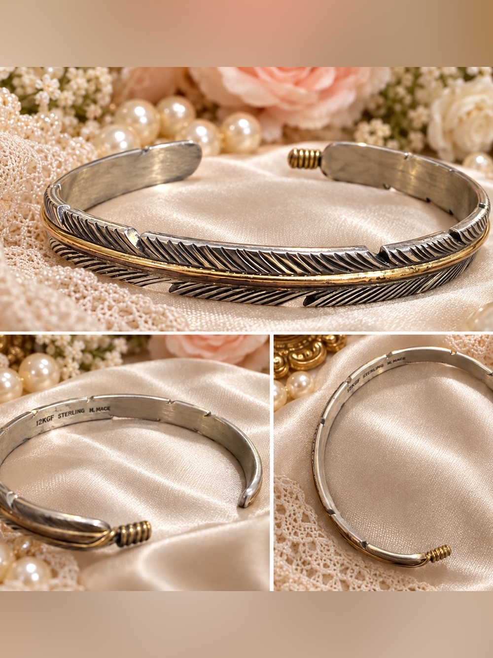 🪶 Harvey Mace Navajo Sterling Silver & 12K GF Feather Cuff Bracelet